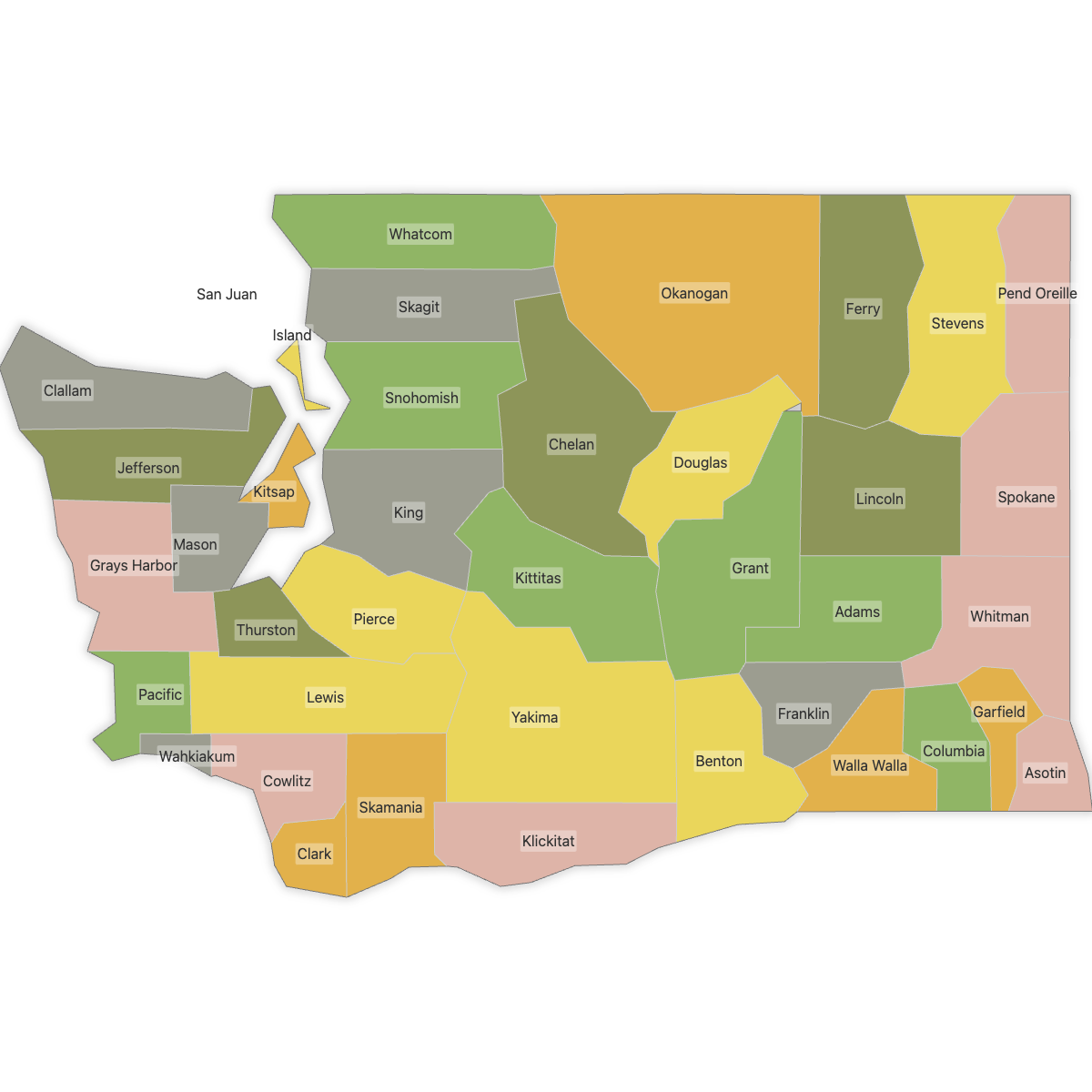 Colored Map of Washington Counties with Labels