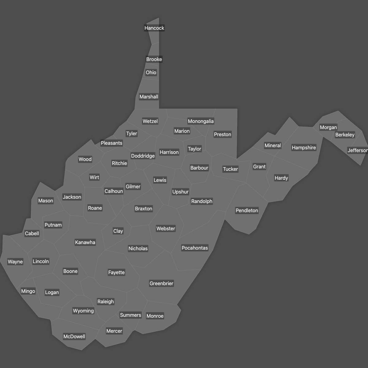 Blank Map of West Virginia Counties with Labels (Dark Theme)