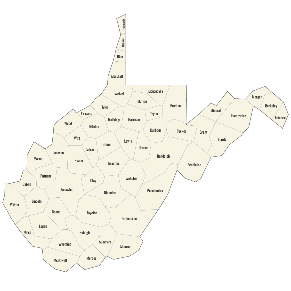 Blank Map of West Virginia Counties with Labels