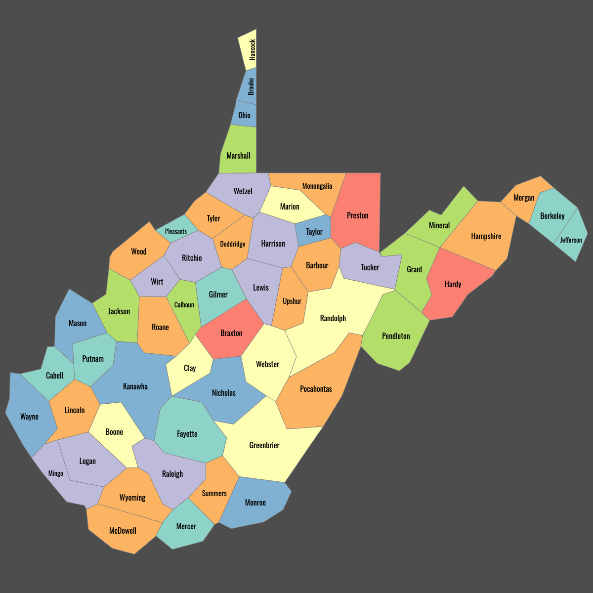 Colored Map of West Virginia Counties with Labels (Dark Theme)