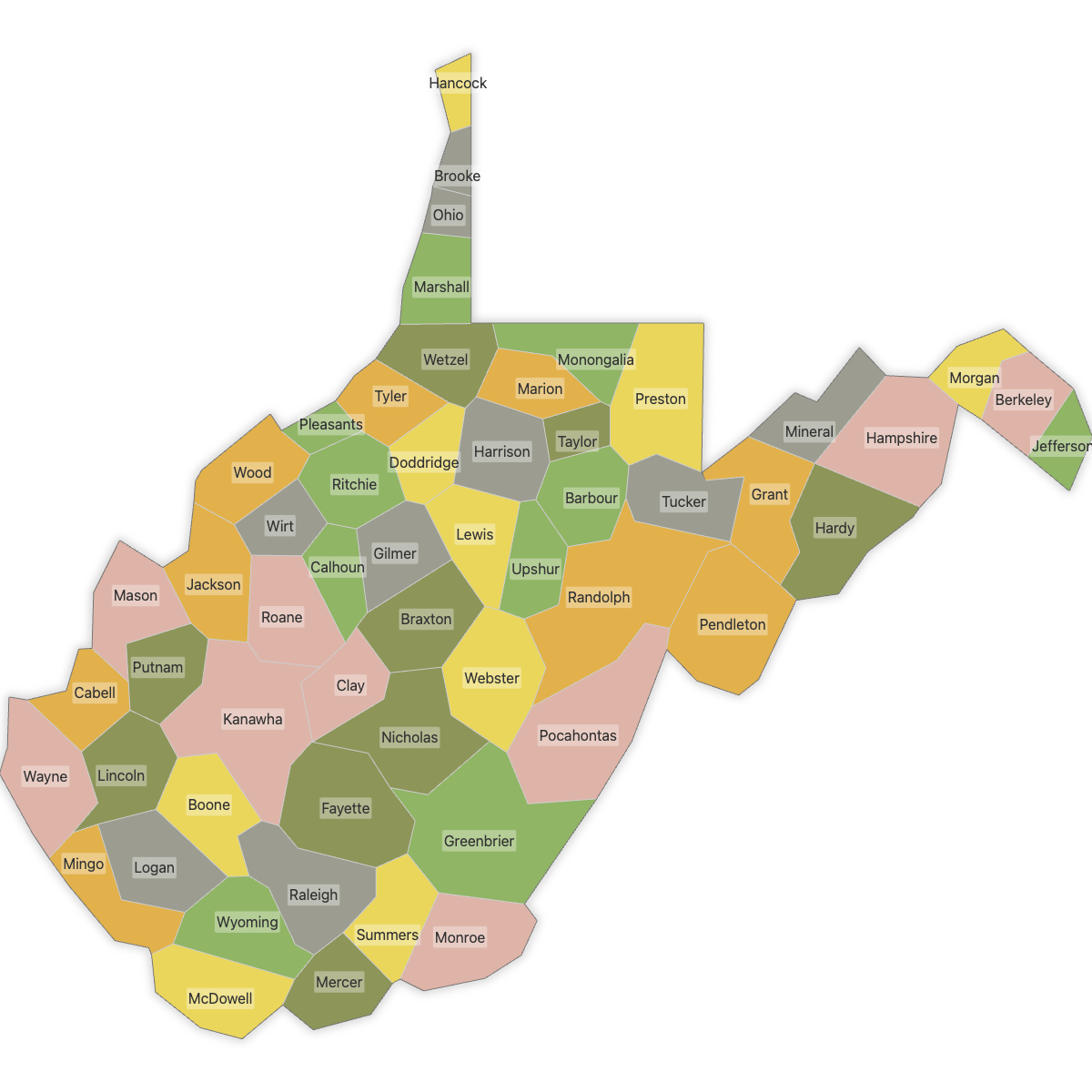 Colored Map of West Virginia Counties with Labels