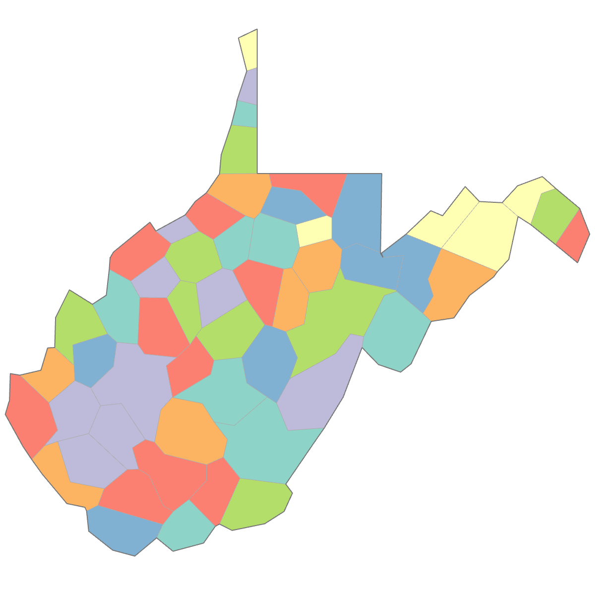 Colored Map of West Virginia Counties