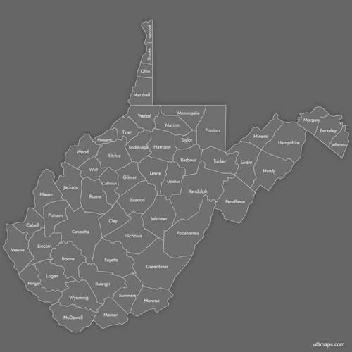 Preview of Labeled Map of West Virginia Counties (Dark)