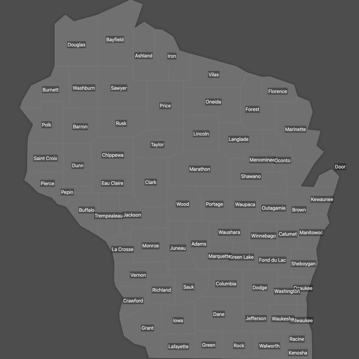 Blank Map of Wisconsin Counties with Labels (Dark Theme)