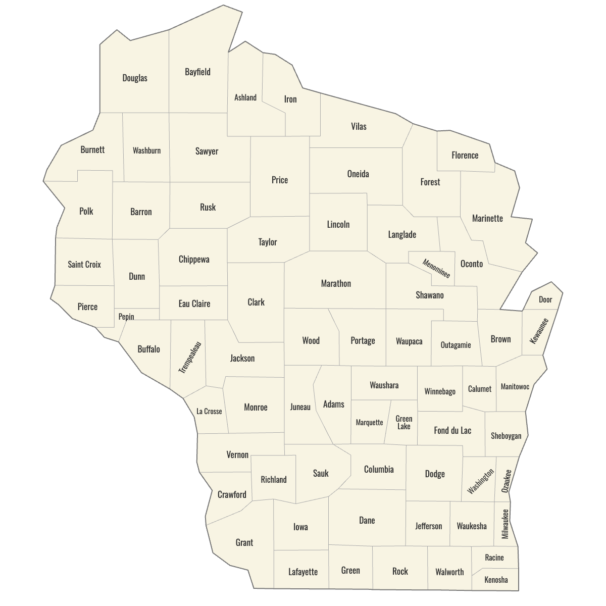 Blank Map of Wisconsin Counties with Labels