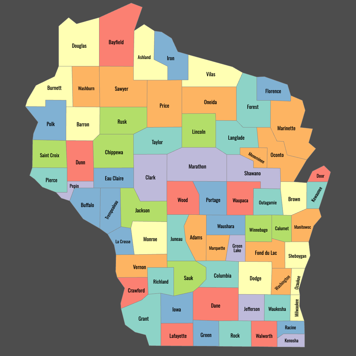 Colored Map of Wisconsin Counties with Labels (Dark Theme)