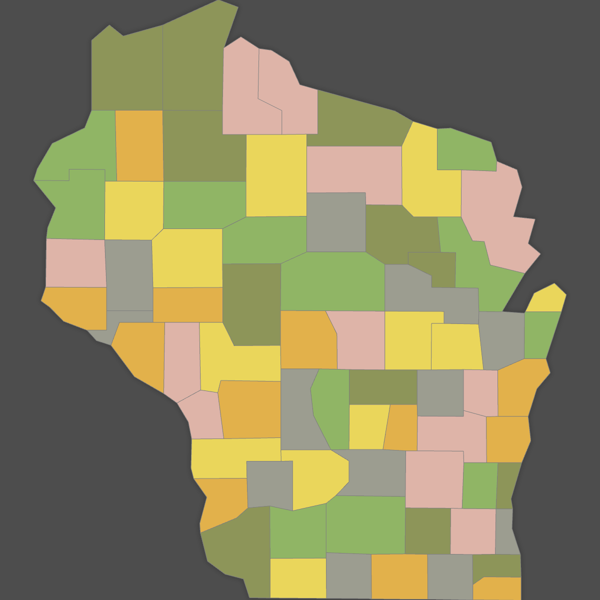 Colored Map of Wisconsin Counties (Dark Theme)