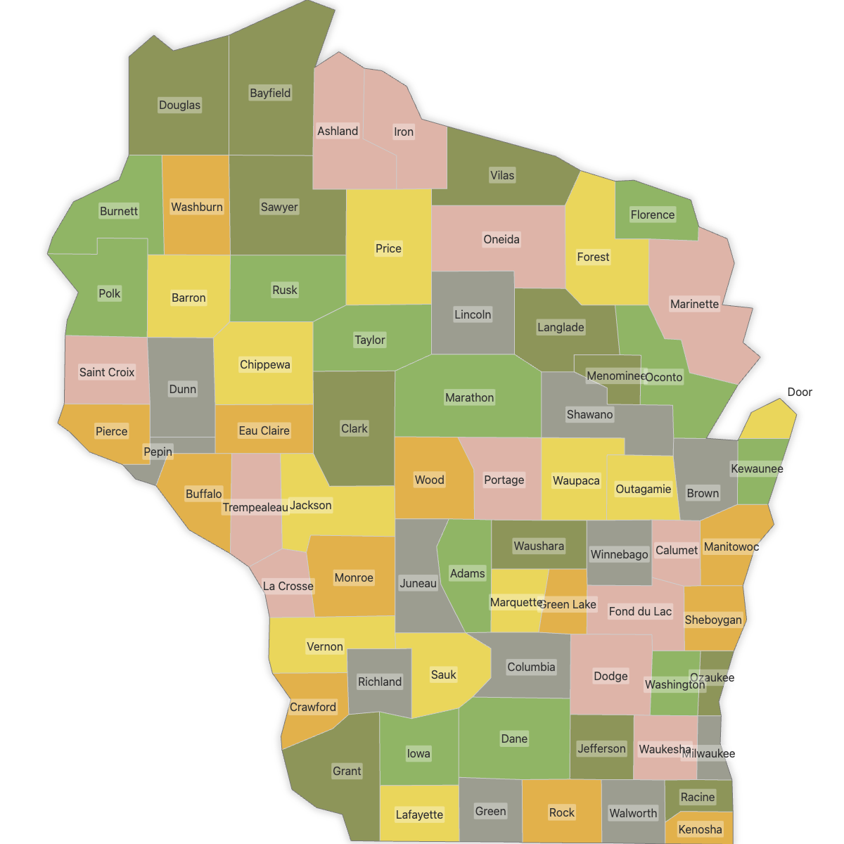 Colored Map of Wisconsin Counties with Labels