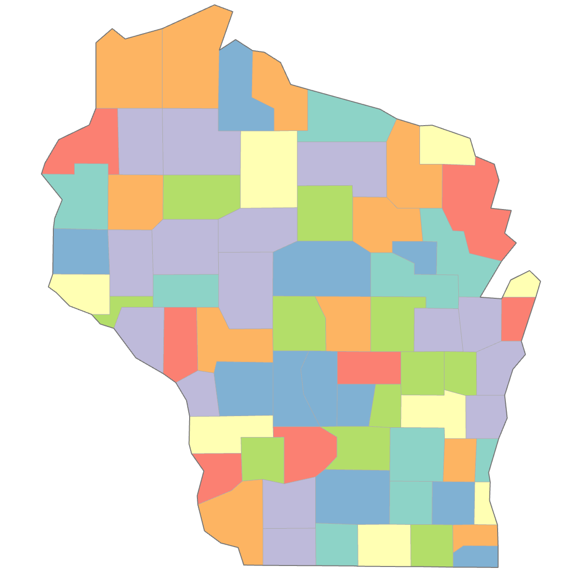 Colored Map of Wisconsin Counties