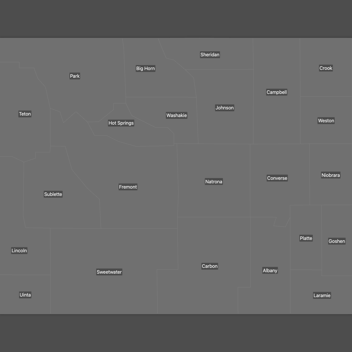 Blank Map of Wyoming Counties with Labels (Dark Theme)