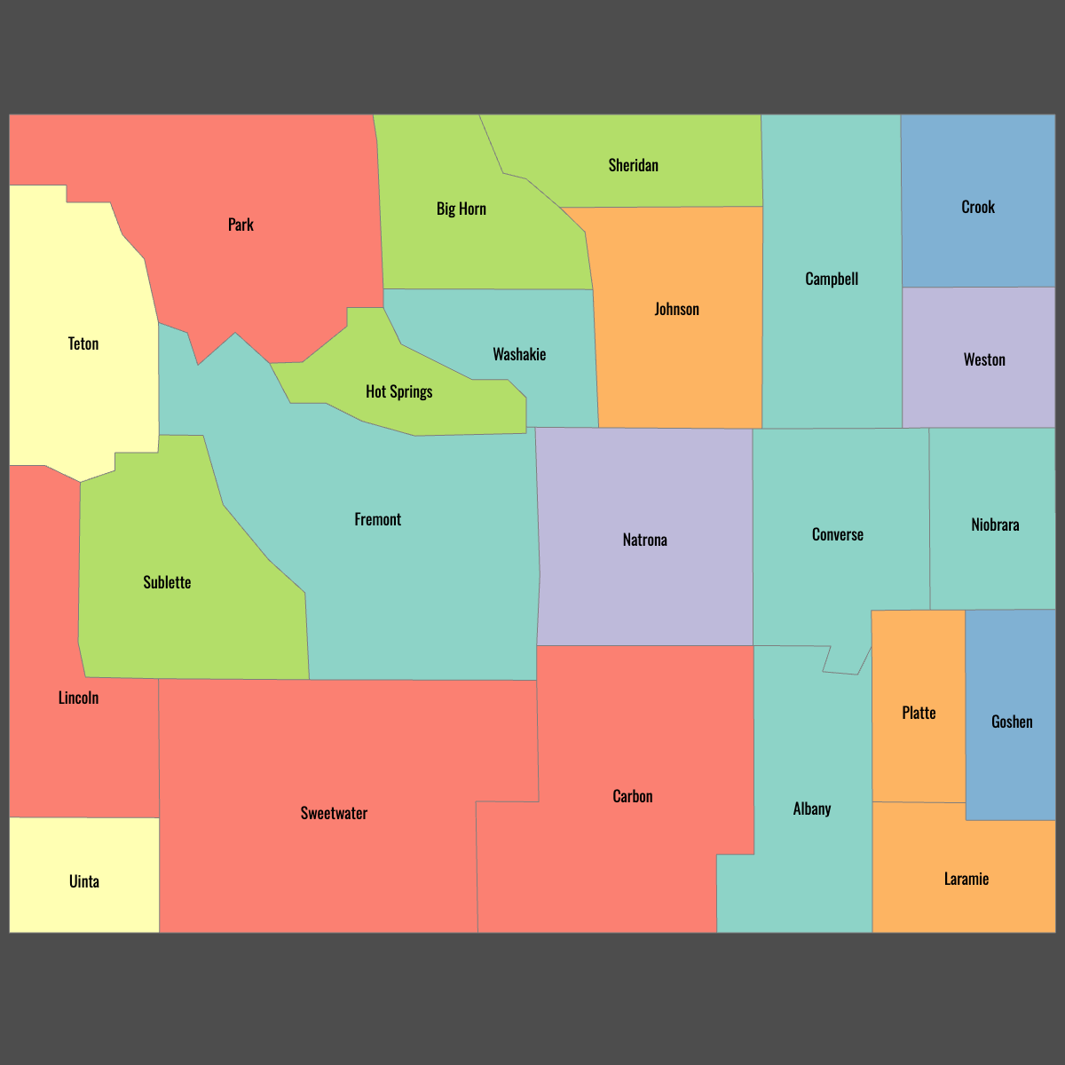 Colored Map of Wyoming Counties with Labels (Dark Theme)