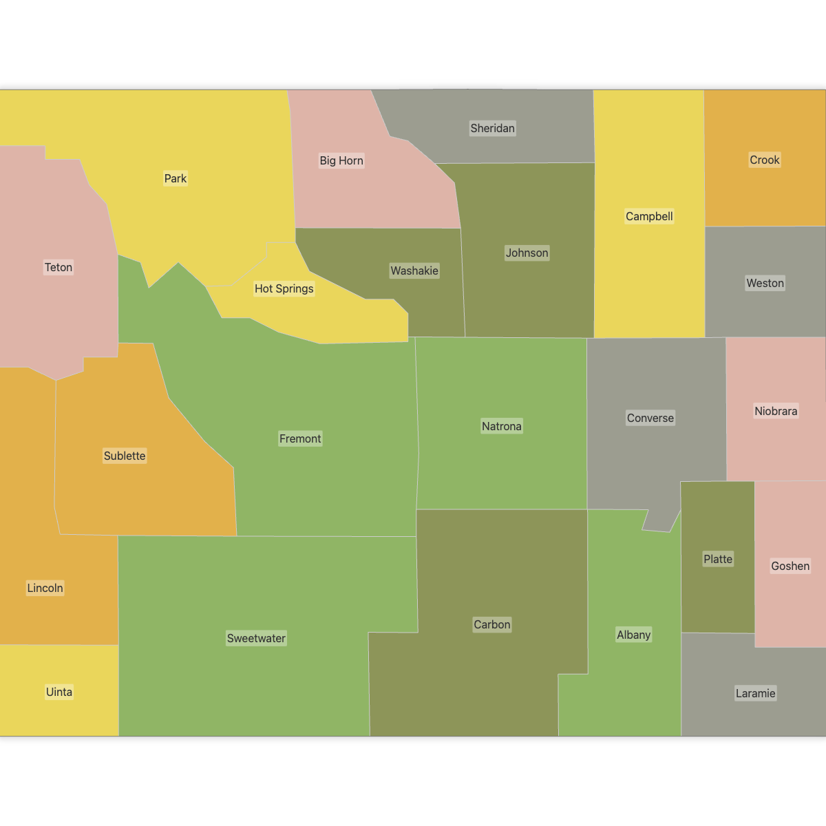 Colored Map of Wyoming Counties with Labels