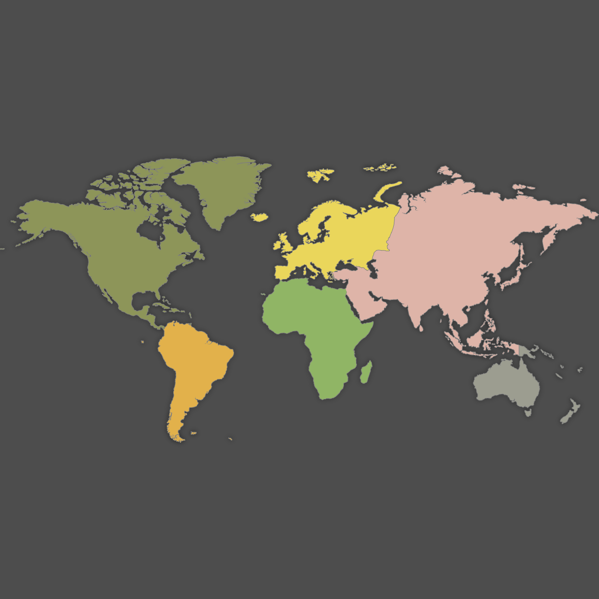 Colored Map of the World Continents (Dark Theme)