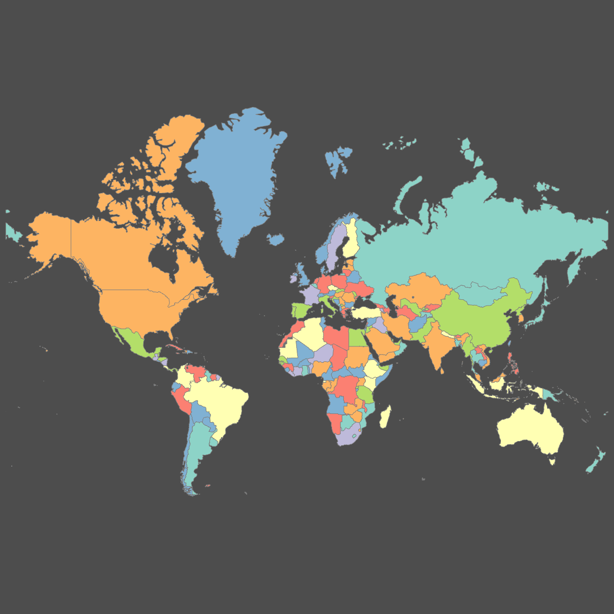 Colored Map of the World (Dark Theme)