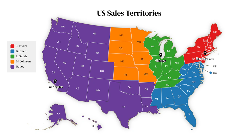 US states colored by five sales reps, with a legend and pins on Los Angeles, Chicago and New York City