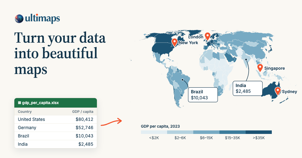 Screenshot of Ultimaps, Spreadsheet data in, polished interactive maps out